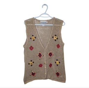 Vintage Medium Beaded Macrame Tan Beige Button Front V-neck Women's Vest *FLAWS
